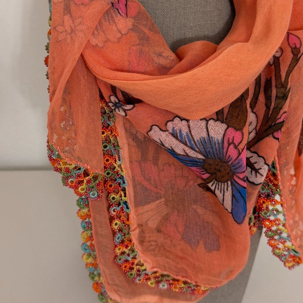 Collectable Traditional Turkish Vintage 1940s-1950s Oya Scarf Peach w Multi Col - Picture 3 of 8